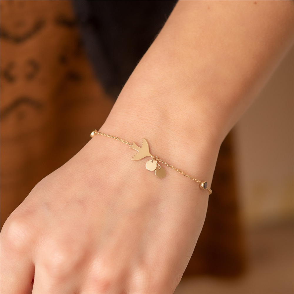 Goldstore-14k Solid Gold Personalized Initial Disc Bird Bracelet, Custom Letter Birthstone Swallow Bracelet, Engraved Initial Mini Disc Bracelet