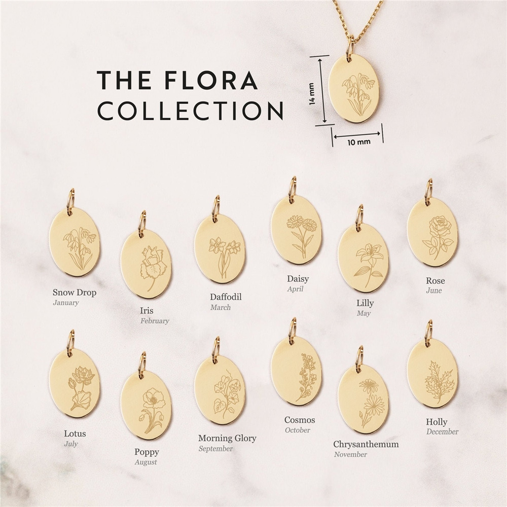 Goldstore-14K Solid Gold Personalized Birth Flower Pendant Necklace, Combined Birth Month Floral Pendant, Custom Engrave Family Necklace for Mom Nana
