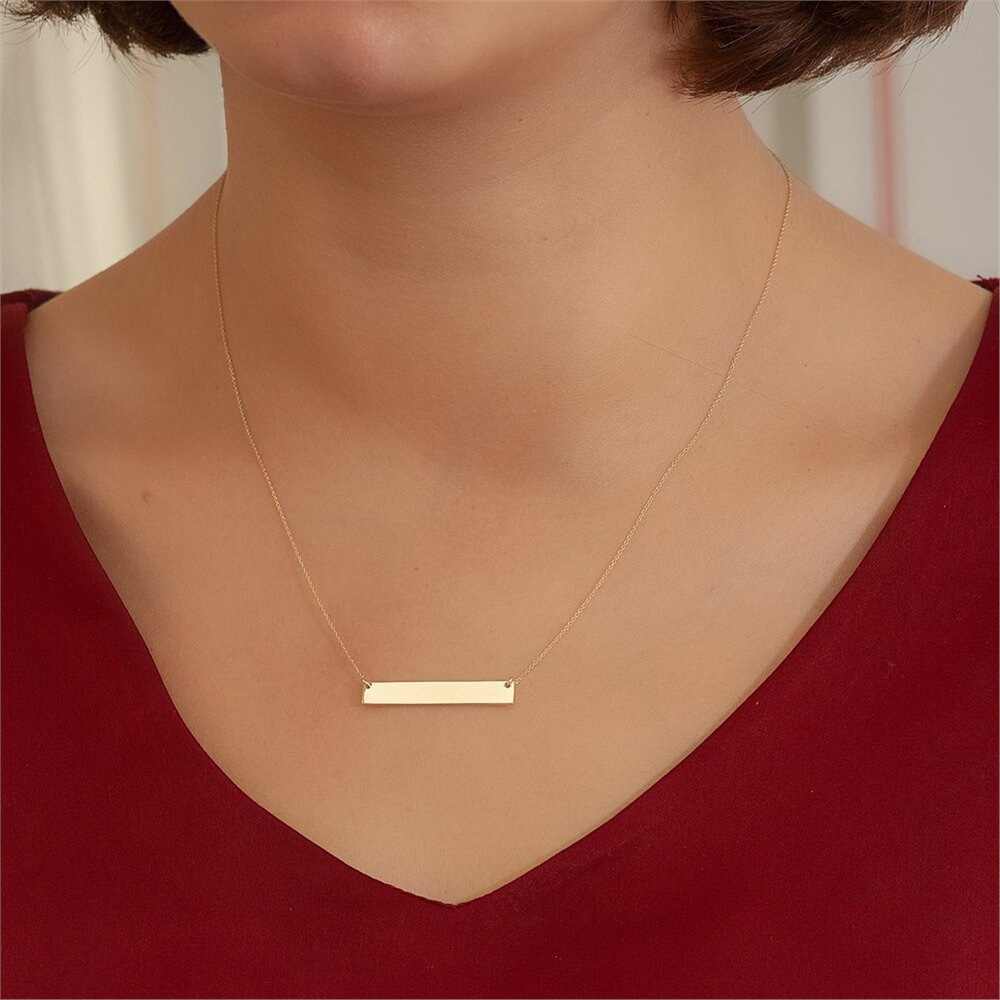 Goldstore-14k Solid Gold Personalized Name Bar Necklace, Dainty Family Bar Necklace is Available for Name Coordinate Date or Handwriting Names