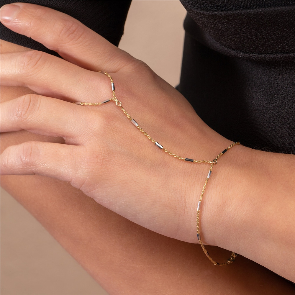 Goldstore-14K Solid Gold Rope Chain Ring Bracelet, Elegant Everyday Slave Bracelet, Hand Chain Lariat Finger Bracelet, Handlet Bracelet Jewelry
