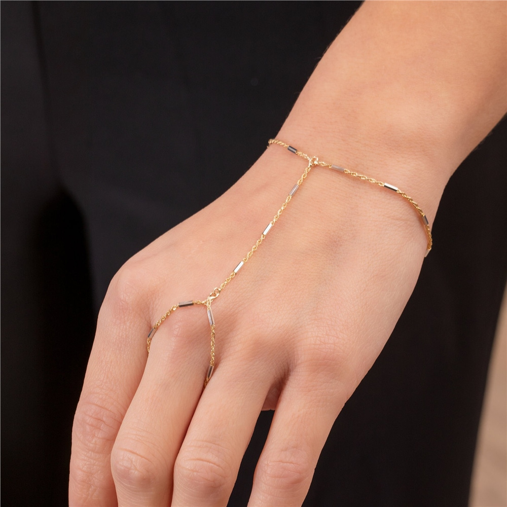 Goldstore-14K Solid Gold Rope Chain Ring Bracelet, Elegant Everyday Slave Bracelet, Hand Chain Lariat Finger Bracelet, Handlet Bracelet Jewelry