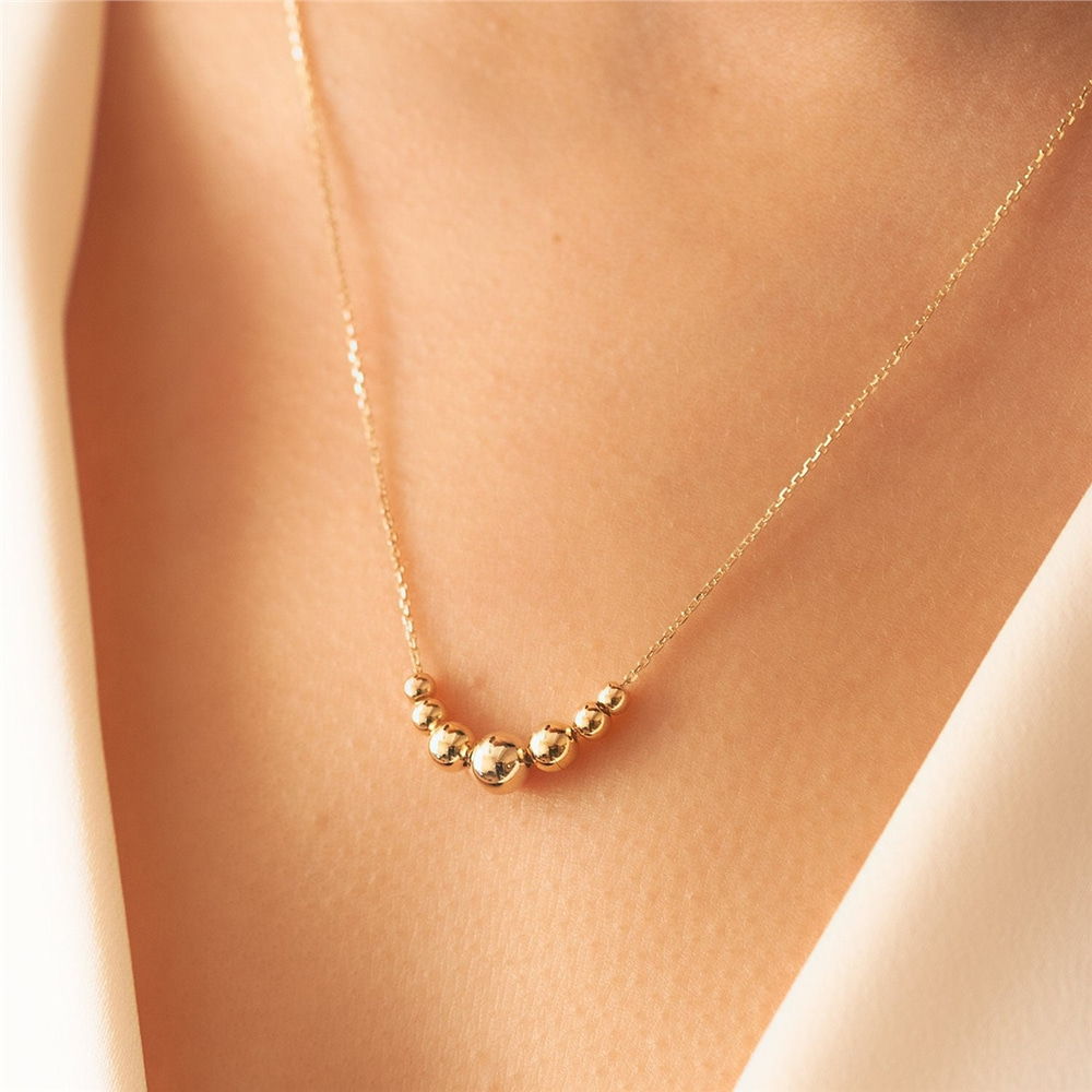 Goldstore-14k Solid Gold Shinning Ball Bead Necklace, Dainty Gold Balls Station Necklace. Gold Sphere Hollow Ball Necklace, Cute Gold Sphere Necklace.