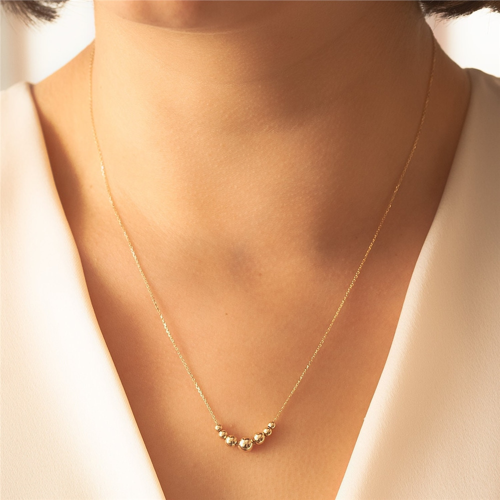 Goldstore-14k Solid Gold Shinning Ball Bead Necklace, Dainty Gold Balls Station Necklace. Gold Sphere Hollow Ball Necklace, Cute Gold Sphere Necklace.