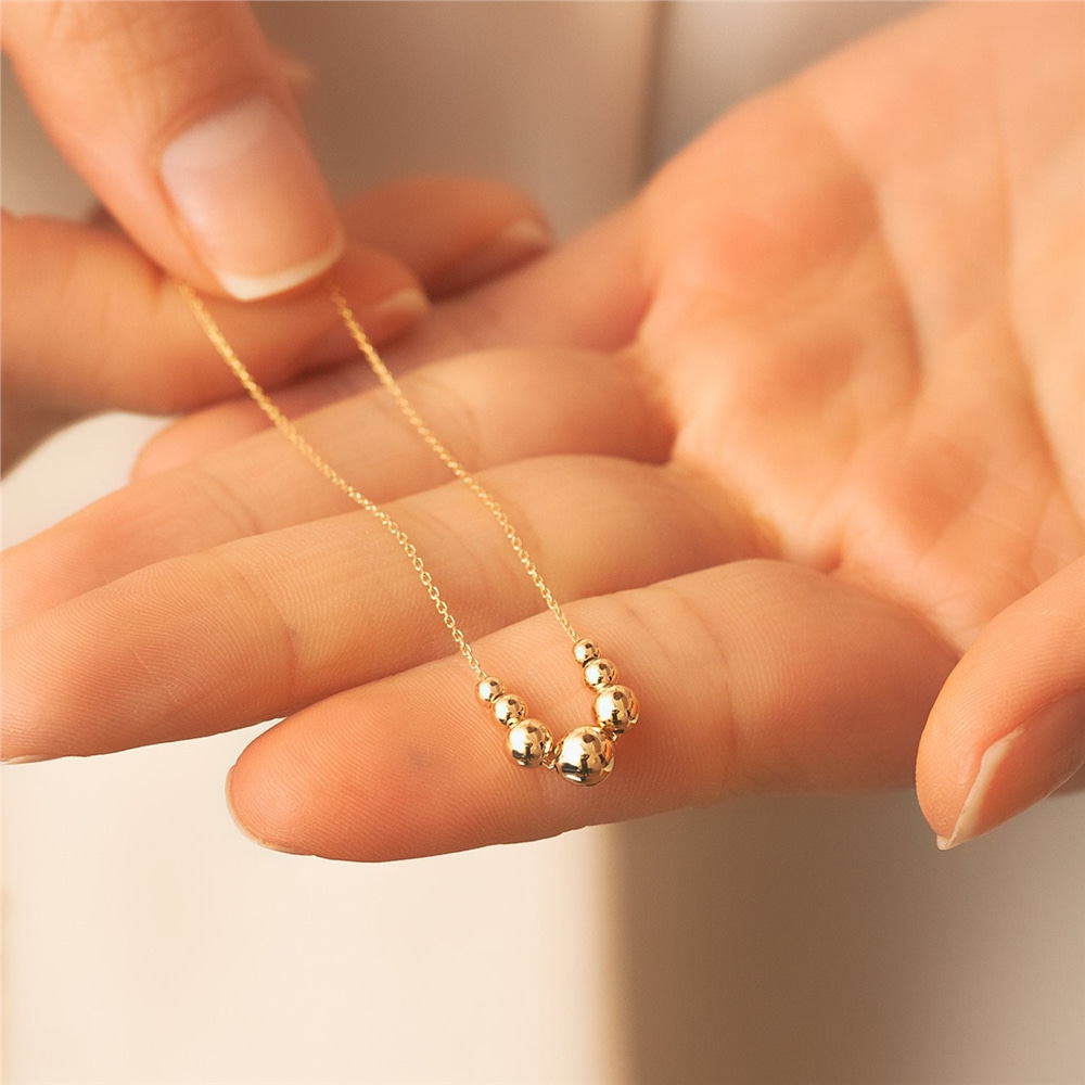 Goldstore-14k Solid Gold Shinning Ball Bead Necklace, Dainty Gold Balls Station Necklace. Gold Sphere Hollow Ball Necklace, Cute Gold Sphere Necklace.