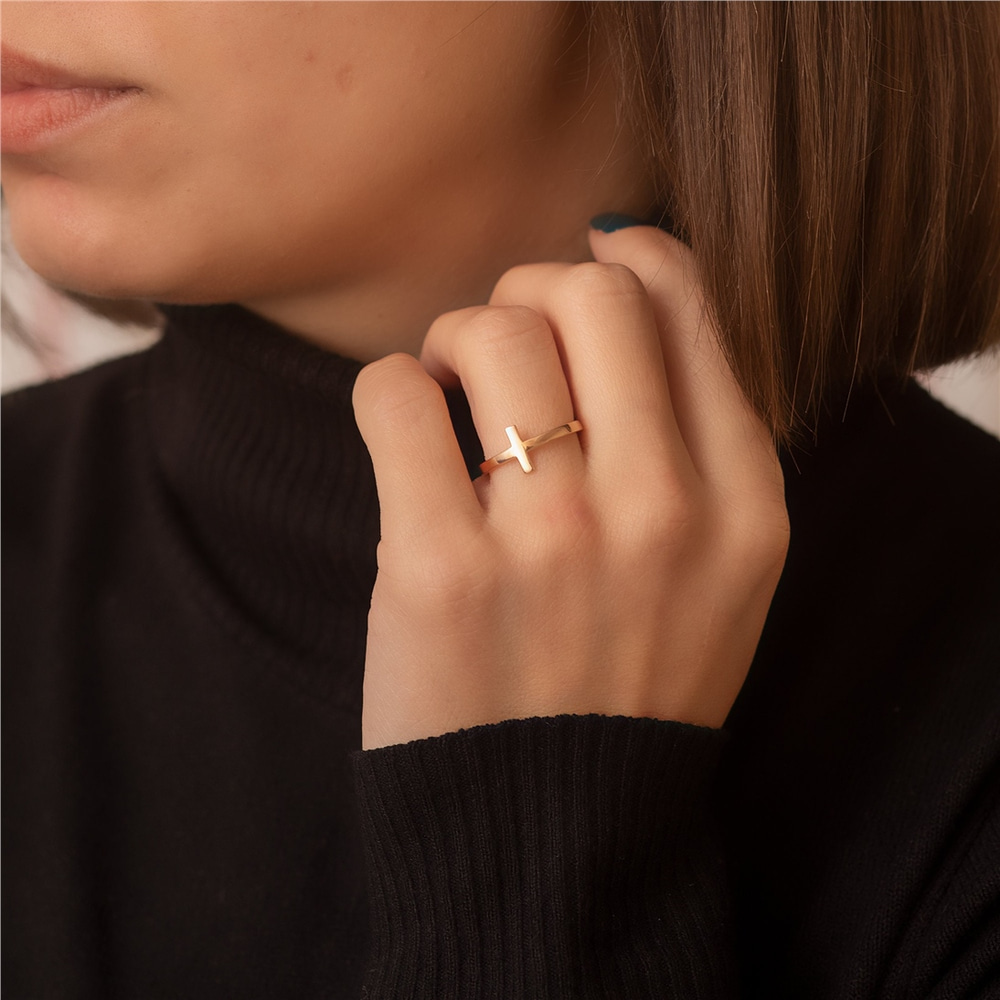 Goldstore-14K Solid Gold Sideways Cross Ring, 18K Solid Plain Gold Dainty Faith Hope and Love Cross Ring Gift for Christmas or Communion Gift