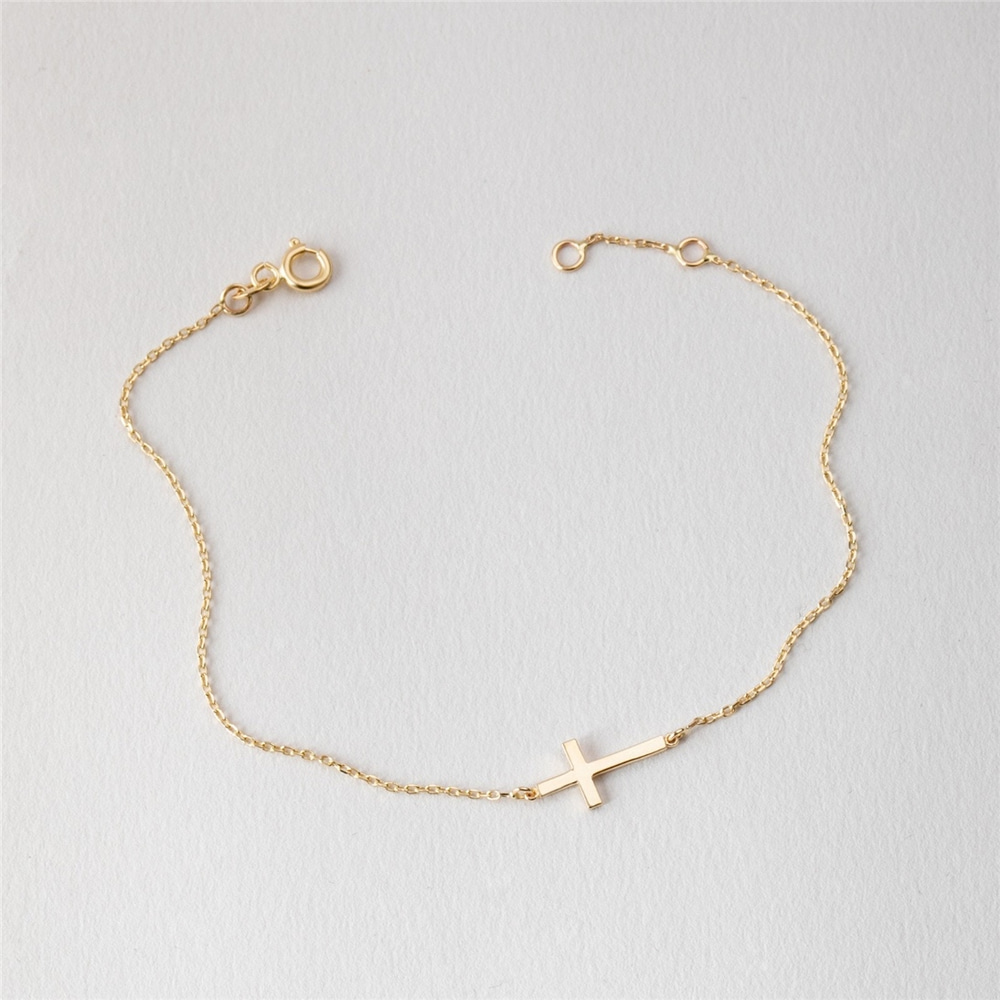Goldstore-14K Solid Gold Sideways Cross Bracelet, 18K Solid Gold Stylish Tiny Cross Bracelet, Yellow Rose or White Gold Dainty Cross Faith Bracelet