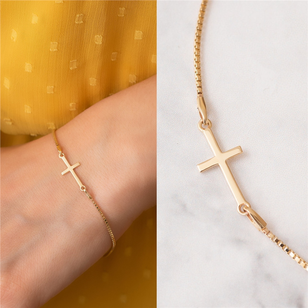 Goldstore-14K Solid Gold Sideways Cross Box Chain Bracelet, Gold Stylish Tiny Cross Bracelet, Yellow Gold Dainty Cross Faith Bracelet gift for her