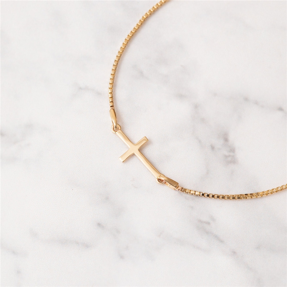 Goldstore-14K Solid Gold Sideways Cross Box Chain Bracelet, Gold Stylish Tiny Cross Bracelet, Yellow Gold Dainty Cross Faith Bracelet gift for her