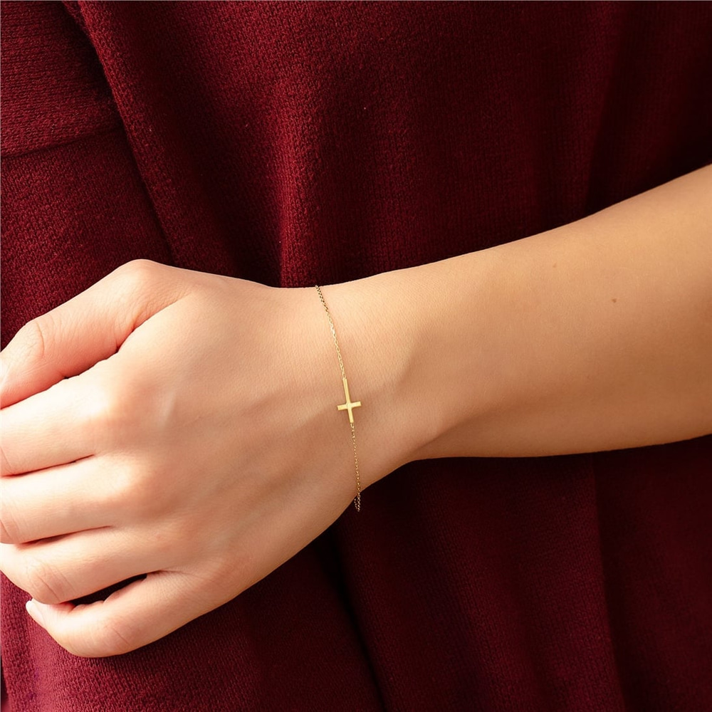 Goldstore-14K Solid Gold Sideways Cross Bracelet, 18K Solid Gold Stylish Tiny Cross Bracelet, Yellow Rose or White Gold Dainty Cross Faith Bracelet