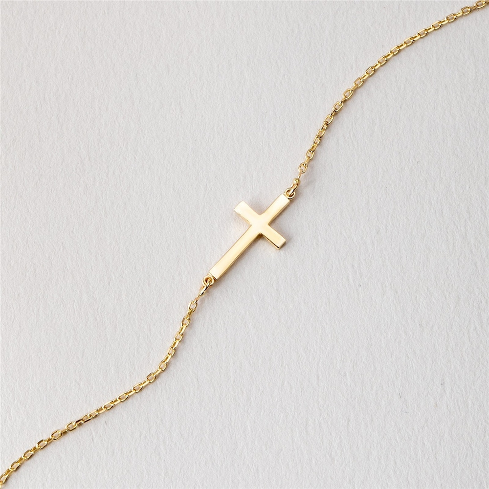 Goldstore-14K Solid Gold Sideways Cross Bracelet, 18K Solid Gold Stylish Tiny Cross Bracelet, Yellow Rose or White Gold Dainty Cross Faith Bracelet