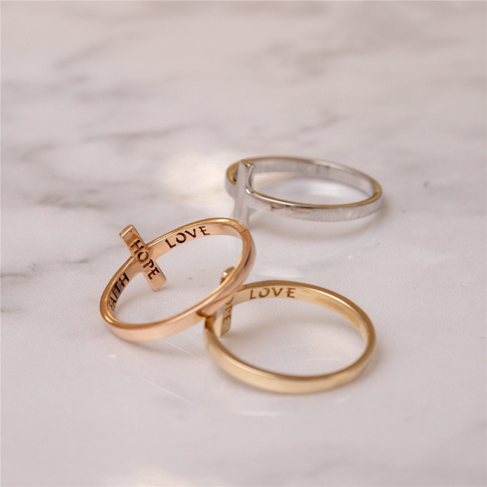 Goldstore-14K Solid Gold Sideways Cross Ring, 18K Solid Plain Gold Dainty Faith Hope and Love Cross Ring Gift for Christmas or Communion Gift