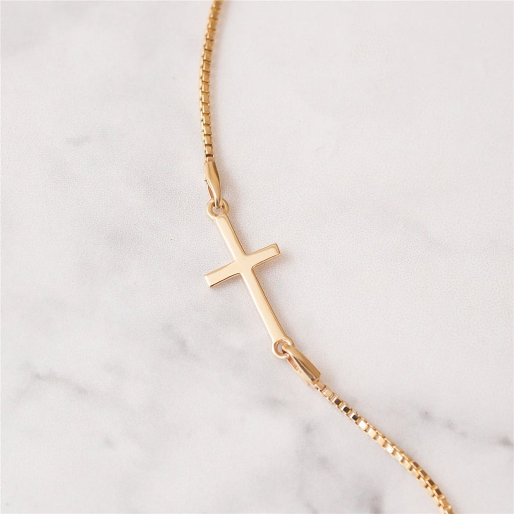Goldstore-14K Solid Gold Sideways Cross Box Chain Bracelet, Gold Stylish Tiny Cross Bracelet, Yellow Gold Dainty Cross Faith Bracelet gift for her