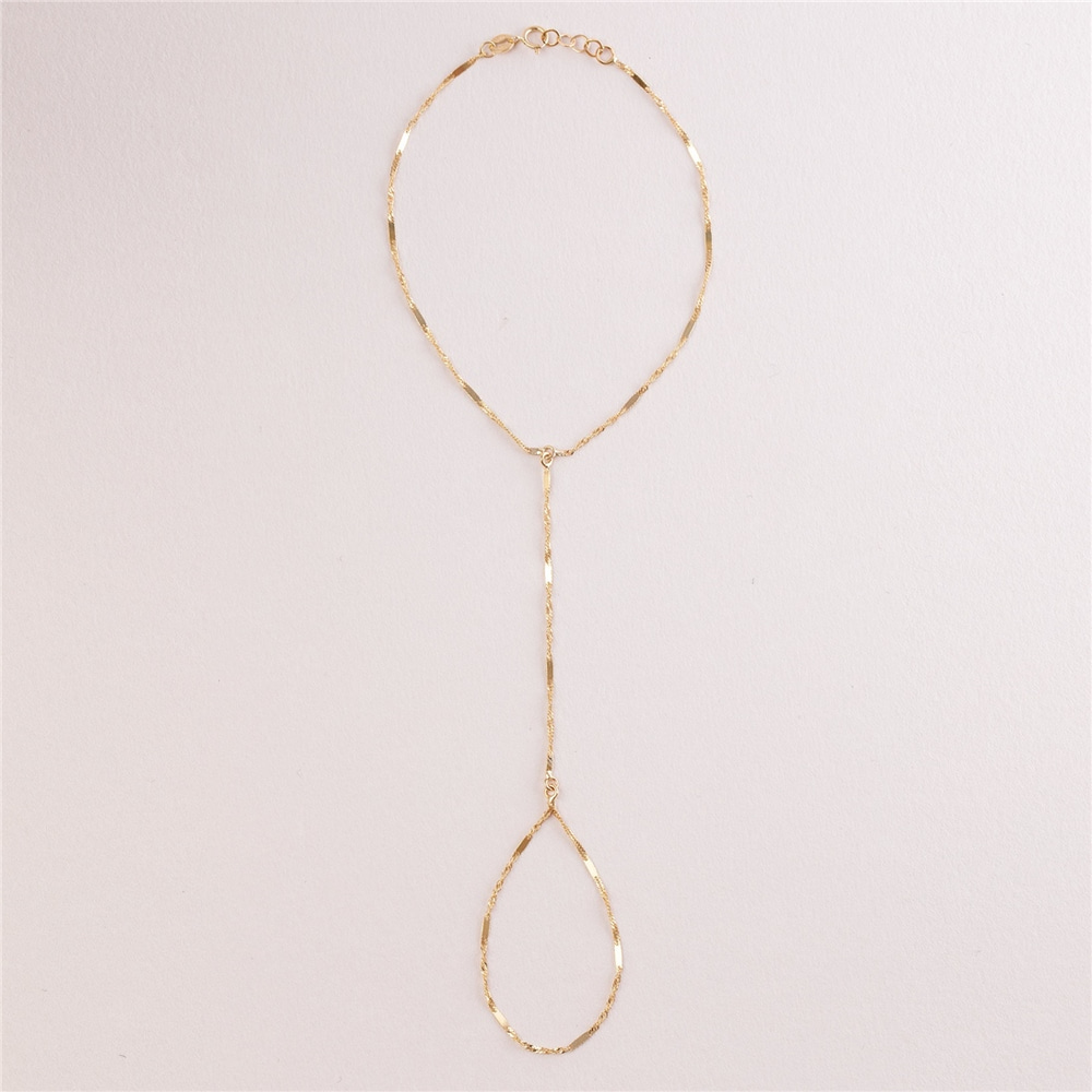 Goldstore-14K Solid Gold Singapor Chain Ring Bracelet, Elegant Everyday Slave Bracelet, Hand Chain Lariat Finger Bracelet, Handlet Jewelry for Her