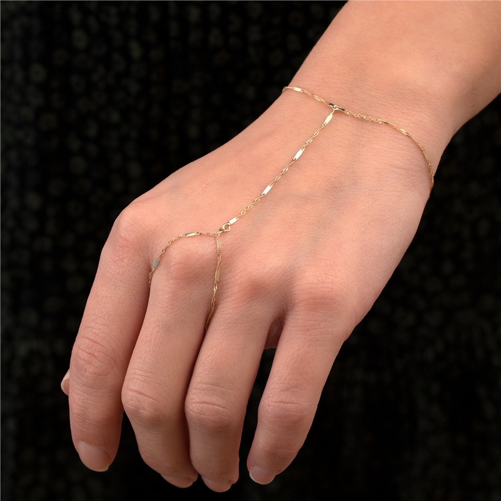 Goldstore-14K Solid Gold Singapor Chain Ring Bracelet, Elegant Everyday Slave Bracelet, Hand Chain Lariat Finger Bracelet, Handlet Jewelry for Her