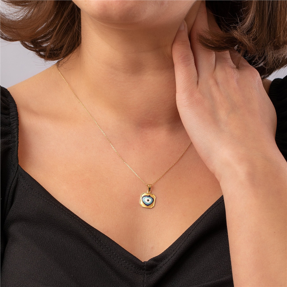 Goldstore-14k Solid Gold Square Evil Eye Necklace, Dainty Square Shape Evil Eye Pendant, Spiritual Protection Jewelry, Handmade Minimalist Eye Pendant