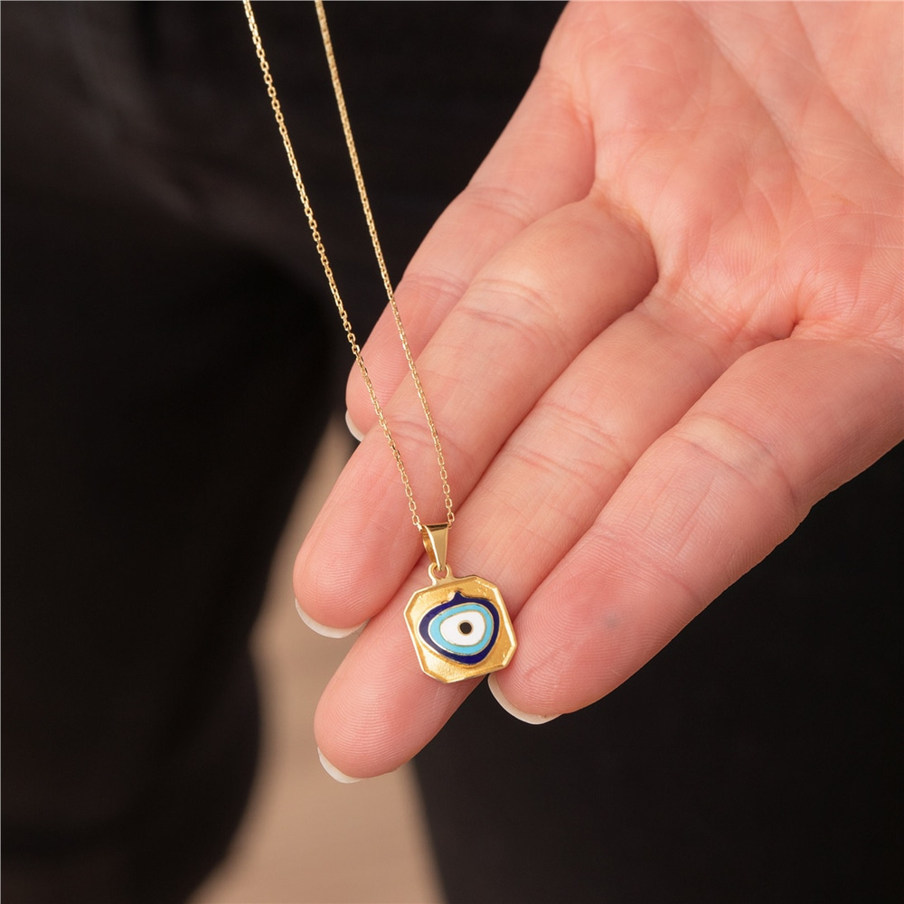 Goldstore-14k Solid Gold Square Evil Eye Necklace, Dainty Square Shape Evil Eye Pendant, Spiritual Protection Jewelry, Handmade Minimalist Eye Pendant