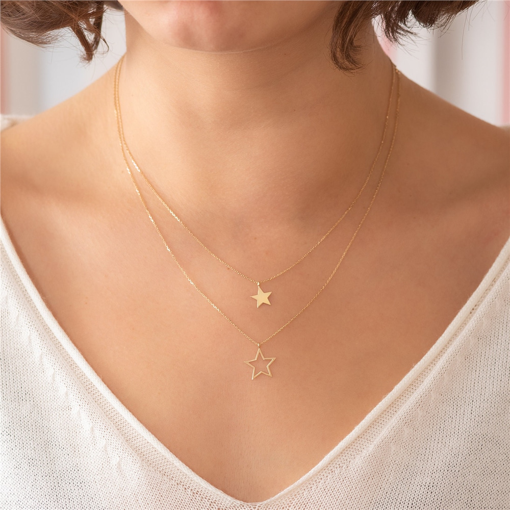 Goldstore-14k Solid Gold Star Layered Necklace Set, Plain Star and Cutout Star Gold Tiny Necklace Set, Dainty Star Necklace is a great gift for Her.