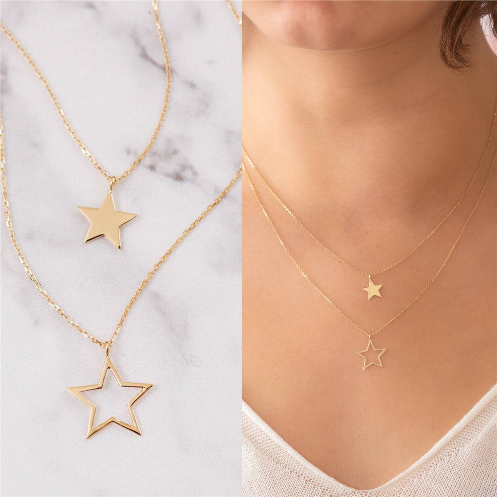 Goldstore-14k Solid Gold Star Layered Necklace Set, Plain Star and Cutout Star Gold Tiny Necklace Set, Dainty Star Necklace is a great gift for Her.