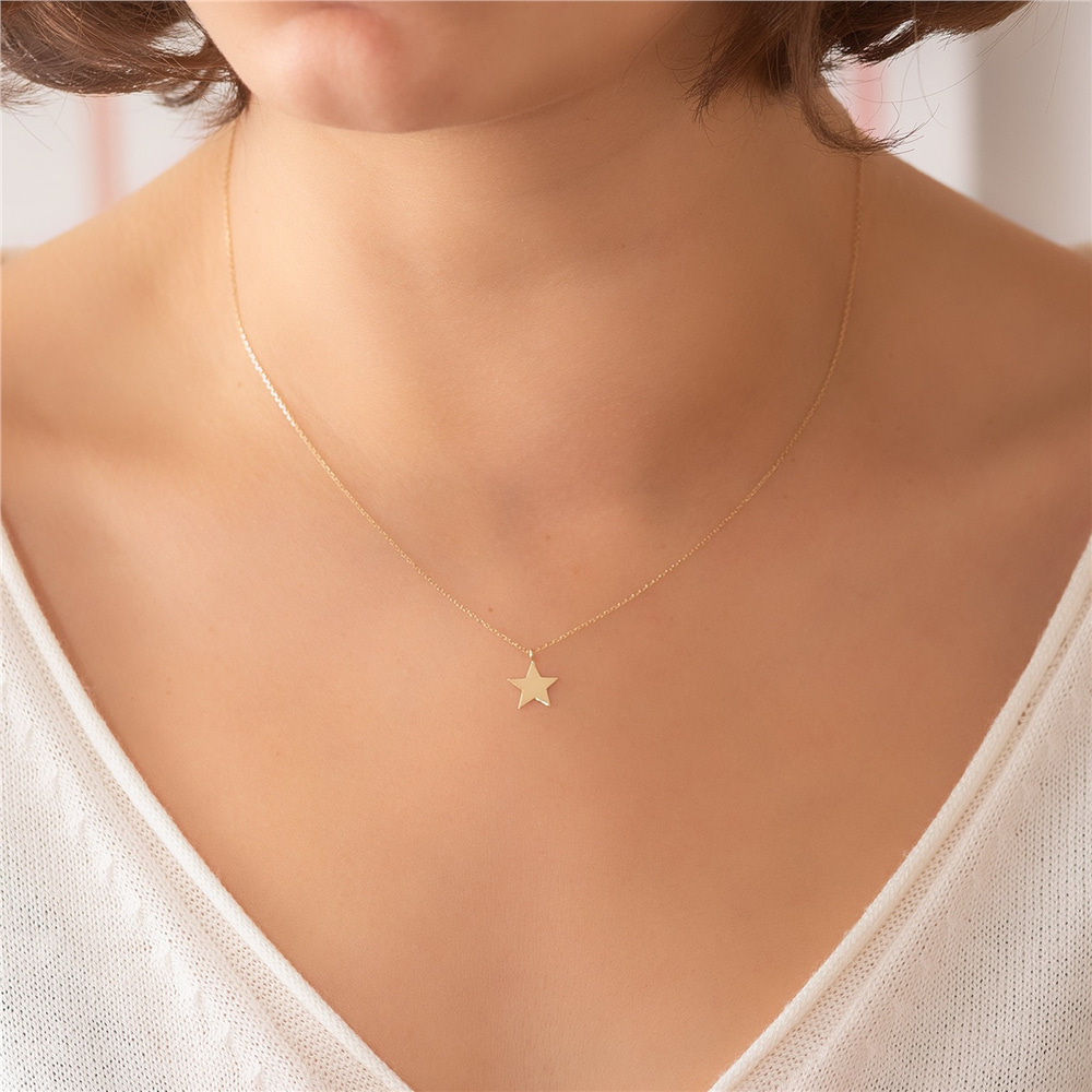 Goldstore-14k Solid Gold Star Layered Necklace Set, Plain Star and Cutout Star Gold Tiny Necklace Set, Dainty Star Necklace is a great gift for Her.