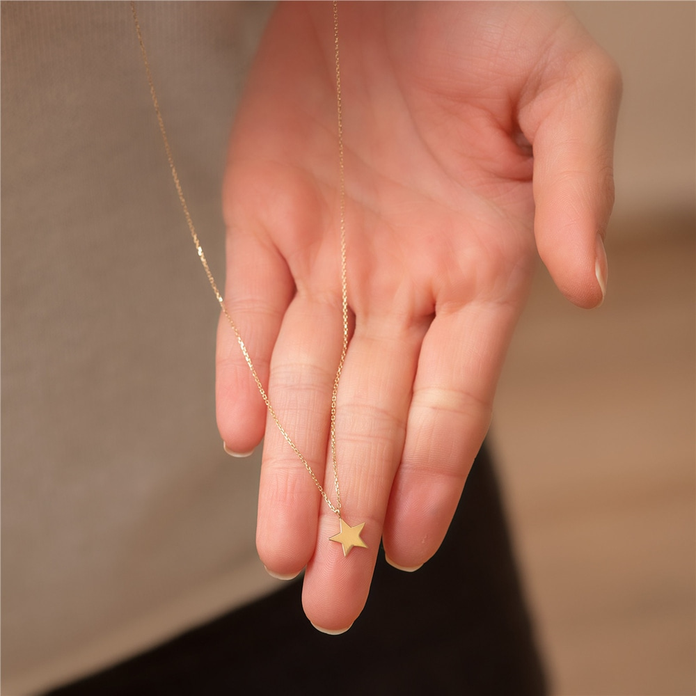 Goldstore-14k Solid Gold Star Layered Necklace Set, Plain Star and Cutout Star Gold Tiny Necklace Set, Dainty Star Necklace is a great gift for Her.