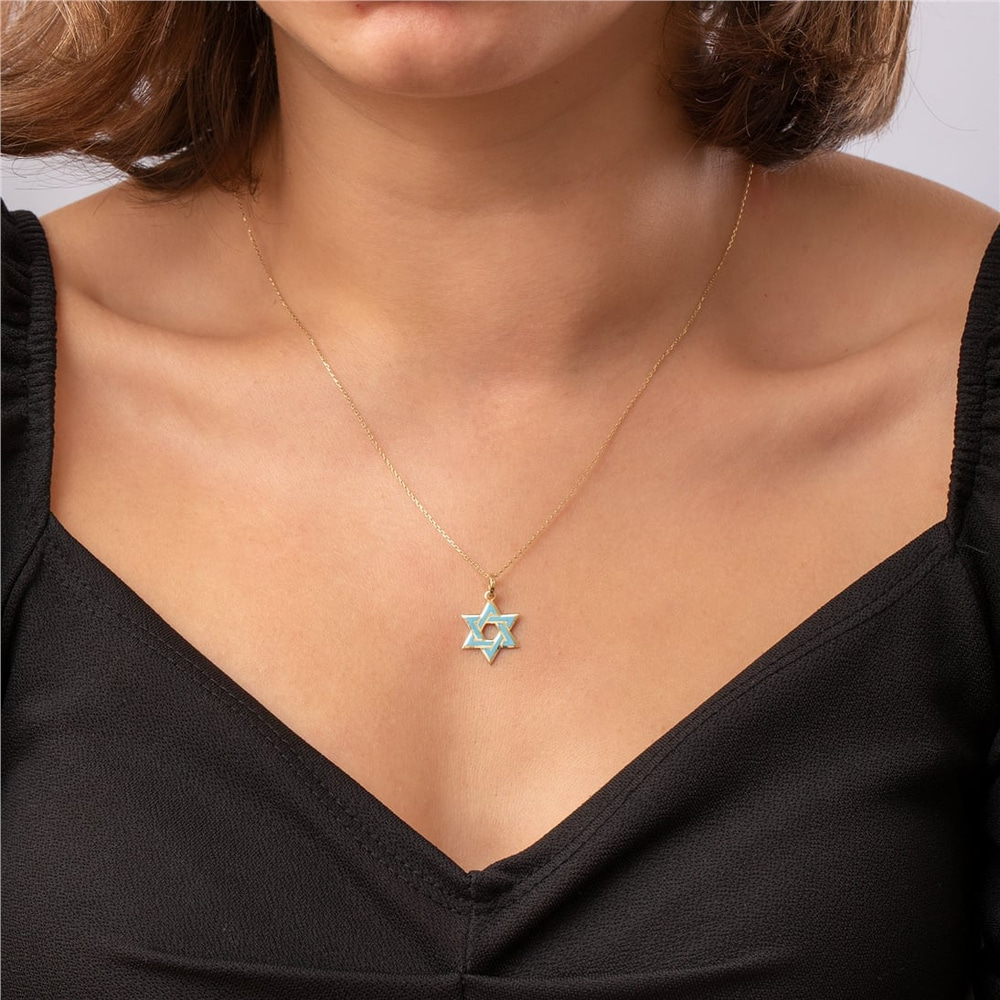 Goldstore-14k Solid Gold Star of David  Necklace, Blue Star of David Pendant , Dainty Gold David's Star, Elegant Religious Jewelry, Gift For Her & Him