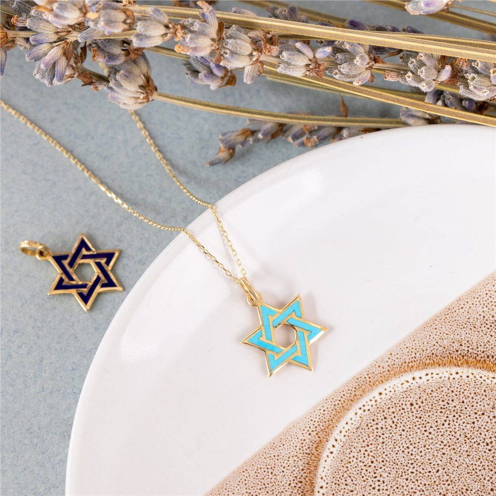 Goldstore-14k Solid Gold Star of David  Necklace, Blue Star of David Pendant , Dainty Gold David's Star, Elegant Religious Jewelry, Gift For Her & Him