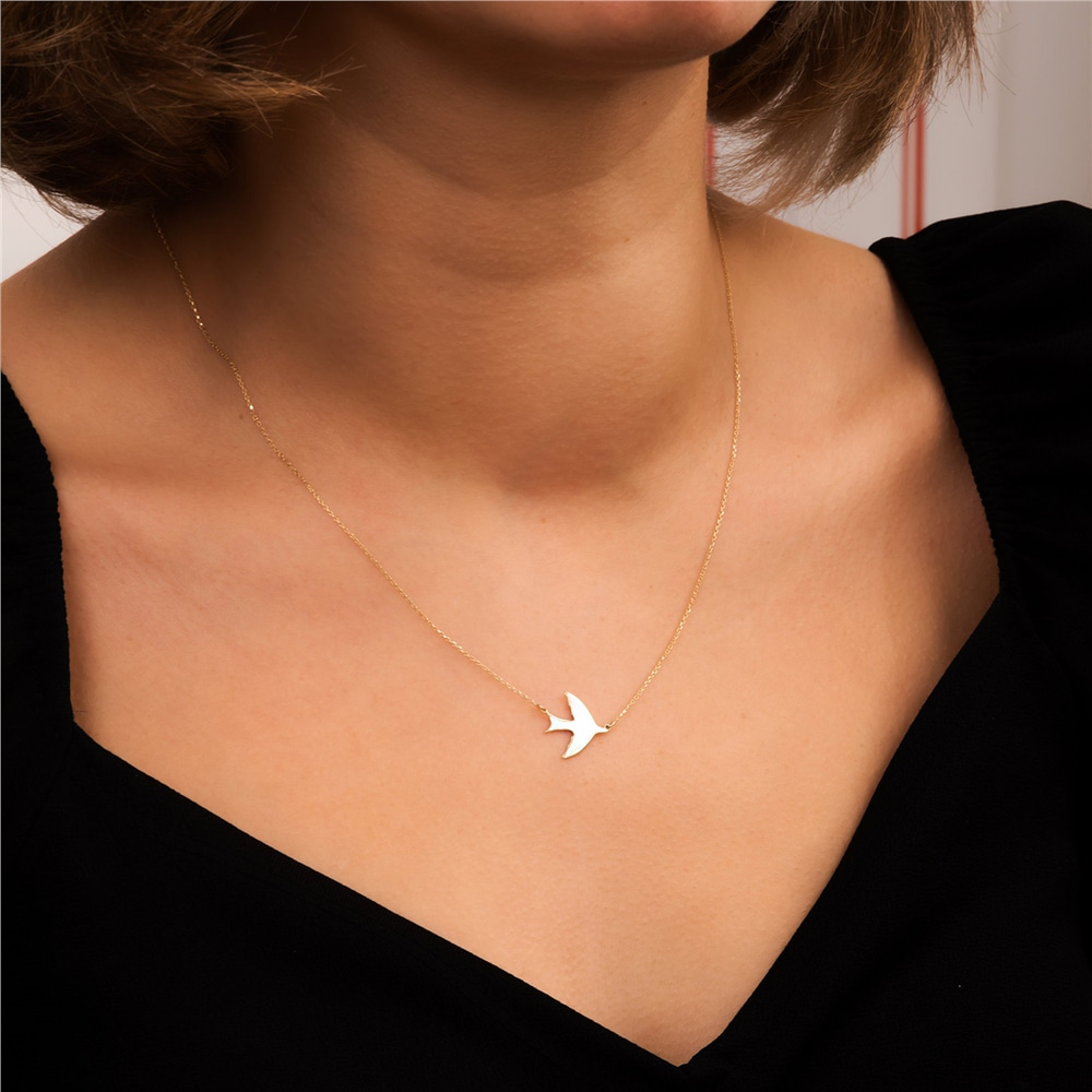 Goldstore-14k Solid Gold Swallow Necklace, Dainty Gold Flying Bird Necklace is a Great Gift For Her. Gift For Valantine' Love