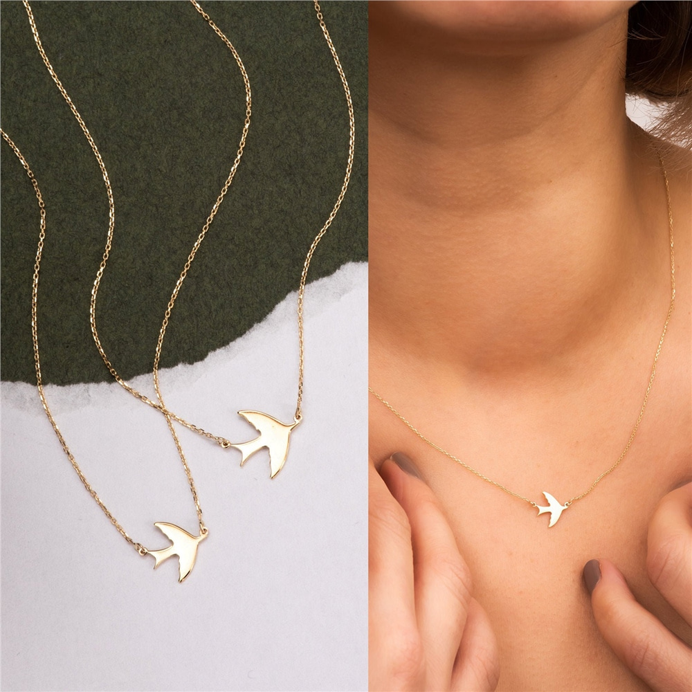Goldstore-14k Solid Gold Swallow Necklace, Dainty Gold Flying Bird Necklace is a Great Gift For Her. Gift For Valantine' Love