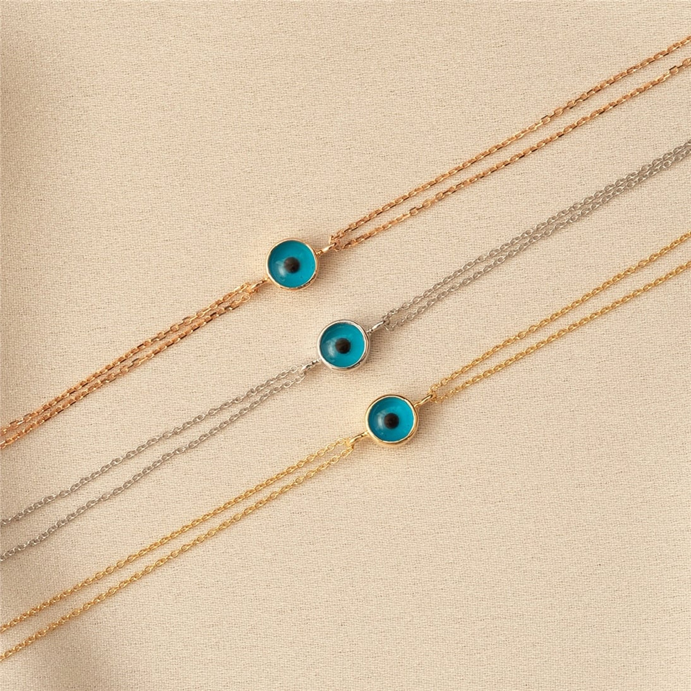 Goldstore-14k Solid Gold Tiny Evil Eye Bracelet, Double Chain Eye Gold Bracelet, Good luck and Protection Bracelet Mothers day gift