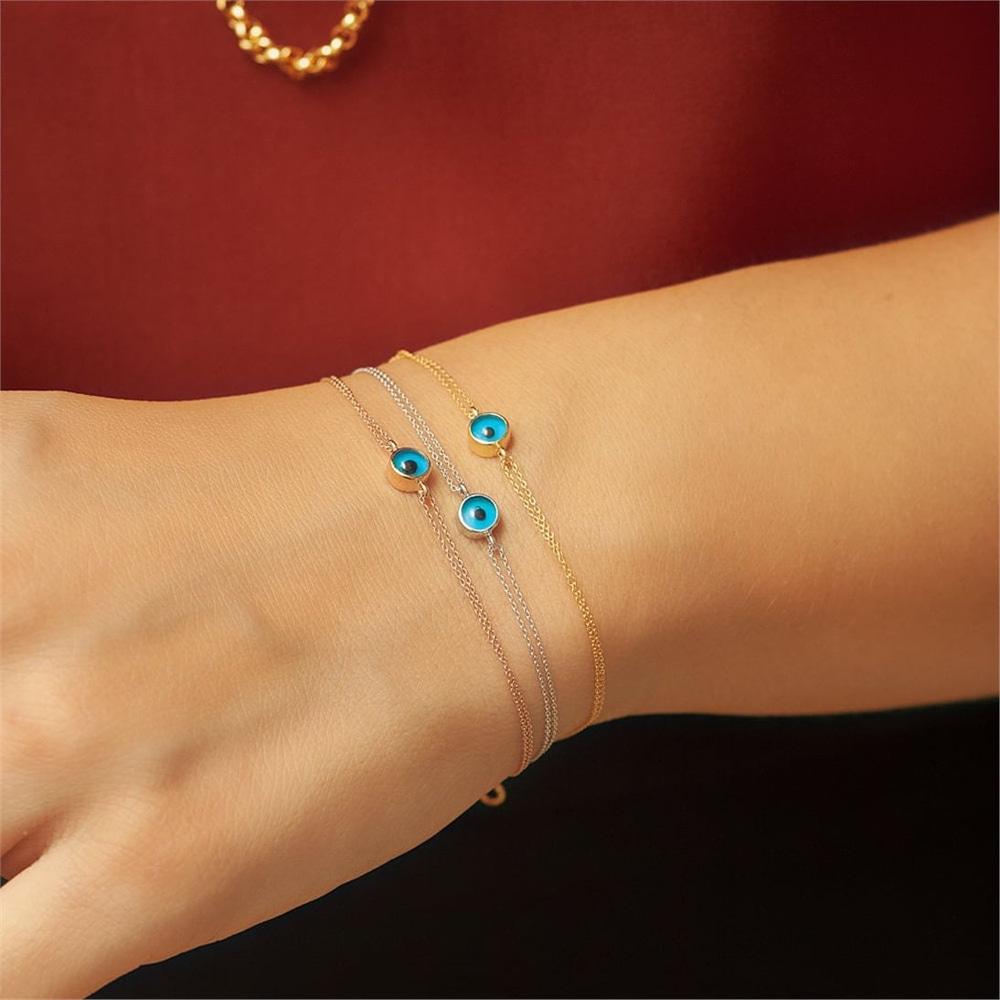 Goldstore-14k Solid Gold Tiny Evil Eye Bracelet, Double Chain Eye Gold Bracelet, Good luck and Protection Bracelet Mothers day gift