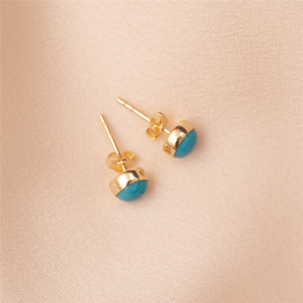 Goldstore-14K Solid Gold Tiny Turquoise Stud Earrings, Delicate 5mm or 6mm Sleeping Beauty Turquoise Studs Everyday Earrings Child Earrings