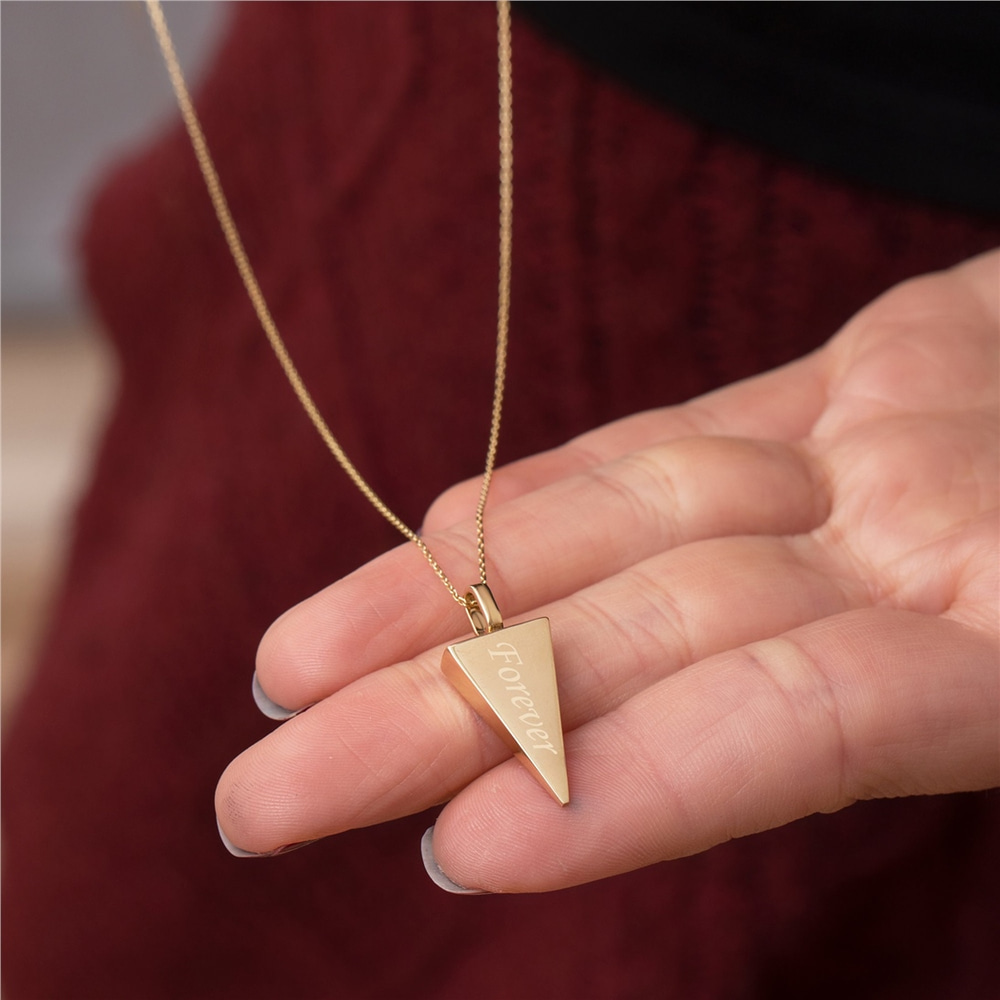 Goldstore-14K Solid Gold Triangle Cremation Urn Necklace, Custom Triangle Urn Charm, Triangular Prism Shape Urn, Memorial Funeral Necklace For Ashes
