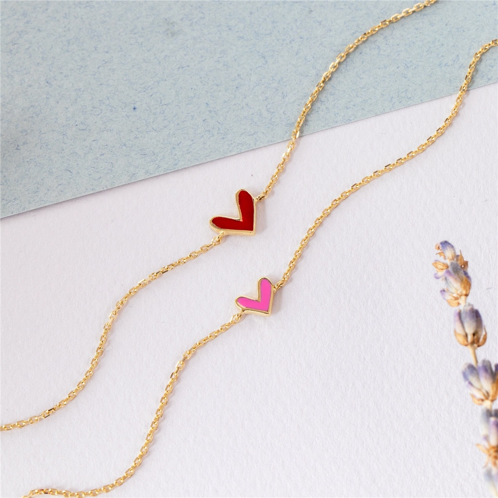 Goldstore-14k Solid Gold V Shape Heart Bracelet, Custom Color Enamel Dainty Heart Bracelet, Love Charm Bracelet, Red, Pink Heart Bracelet Gift for Her