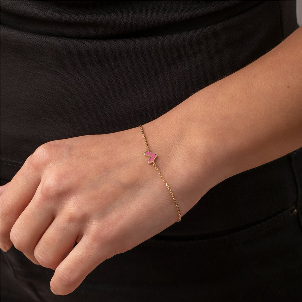 Goldstore-14k Solid Gold V Shape Heart Bracelet, Custom Color Enamel Dainty Heart Bracelet, Love Charm Bracelet, Red, Pink Heart Bracelet Gift for Her