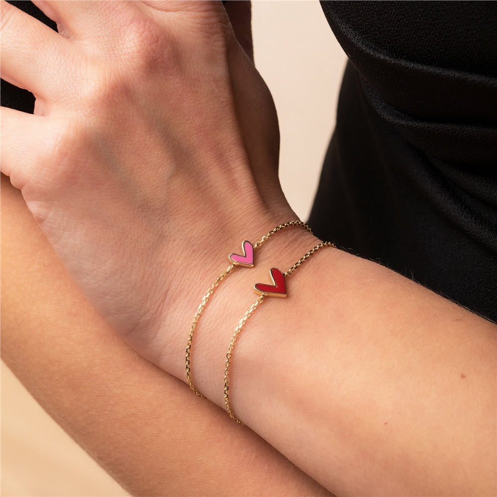 Goldstore-14k Solid Gold V Shape Heart Bracelet, Custom Color Enamel Dainty Heart Bracelet, Love Charm Bracelet, Red, Pink Heart Bracelet Gift for Her