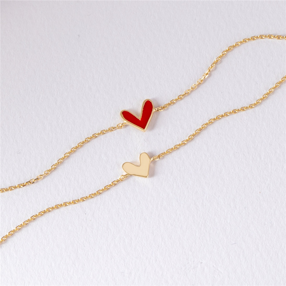 Goldstore-14k Solid Gold V Shape Heart Bracelet, Custom Color Enamel Dainty Heart Bracelet, Love Charm Bracelet, Red, Pink Heart Bracelet Gift for Her