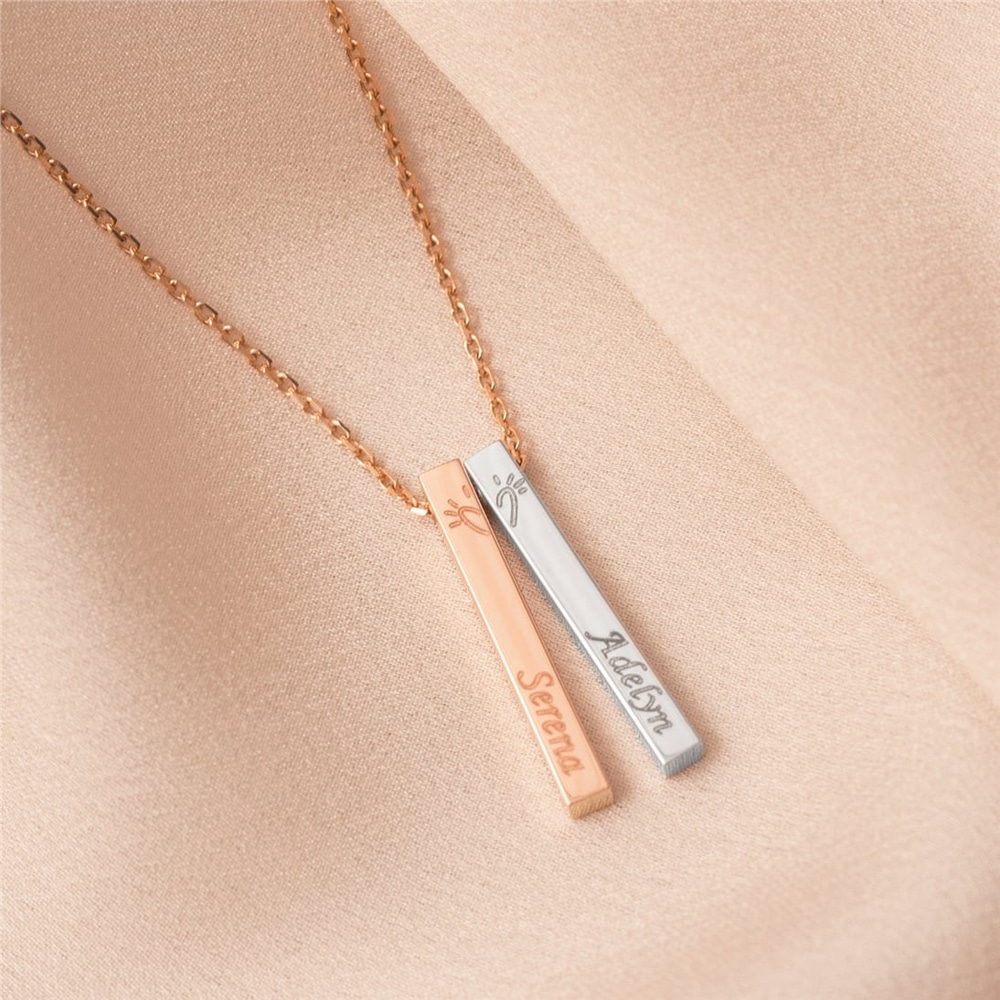 Goldstore-14K Solid Gold Vertical 3D Bar Necklace, Personalized Gold Bff Necklace, 2 Bars Name Necklace, Custom Name Bar Necklace Gift for Her