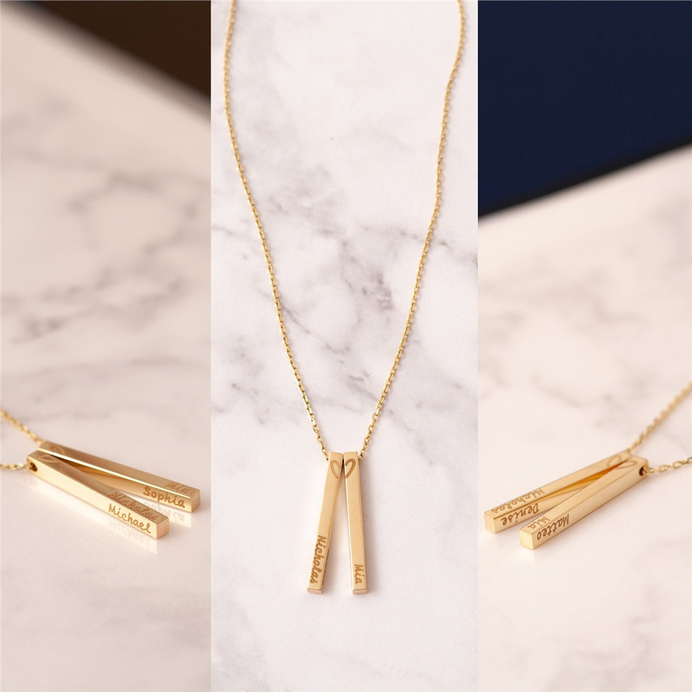 Goldstore-14K Solid Gold Vertical 3D Bar Necklace, Personalized Gold Bff Necklace, 2 Bars Name Necklace, Custom Name Bar Necklace Gift for Her