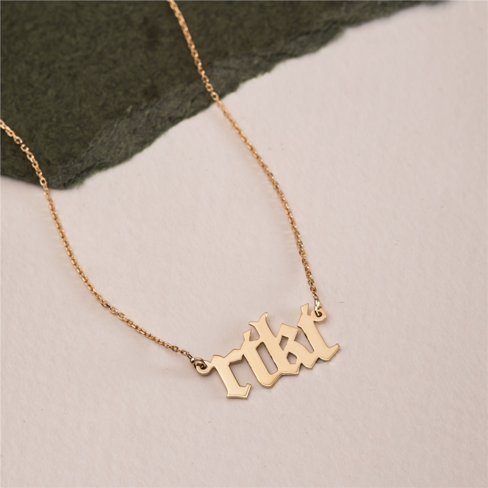 Goldstore-14K Solid Old English Custom Name Necklace, Personalized Solid Gold Gothic Name Necklace, 14k Real Gold Old English Font Name Necklace