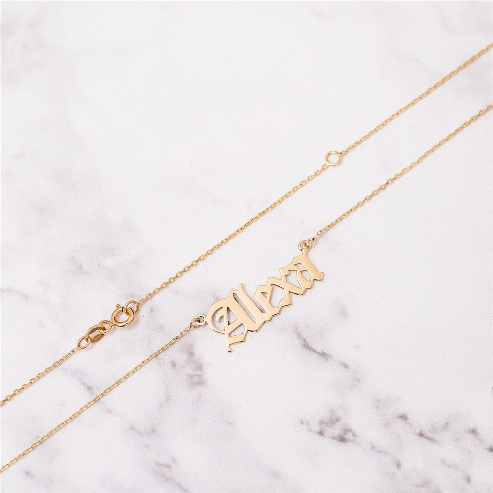 Goldstore-14K Solid Old English Custom Name Necklace, Personalized Solid Gold Gothic Name Necklace, 14k Real Gold Old English Font Name Necklace