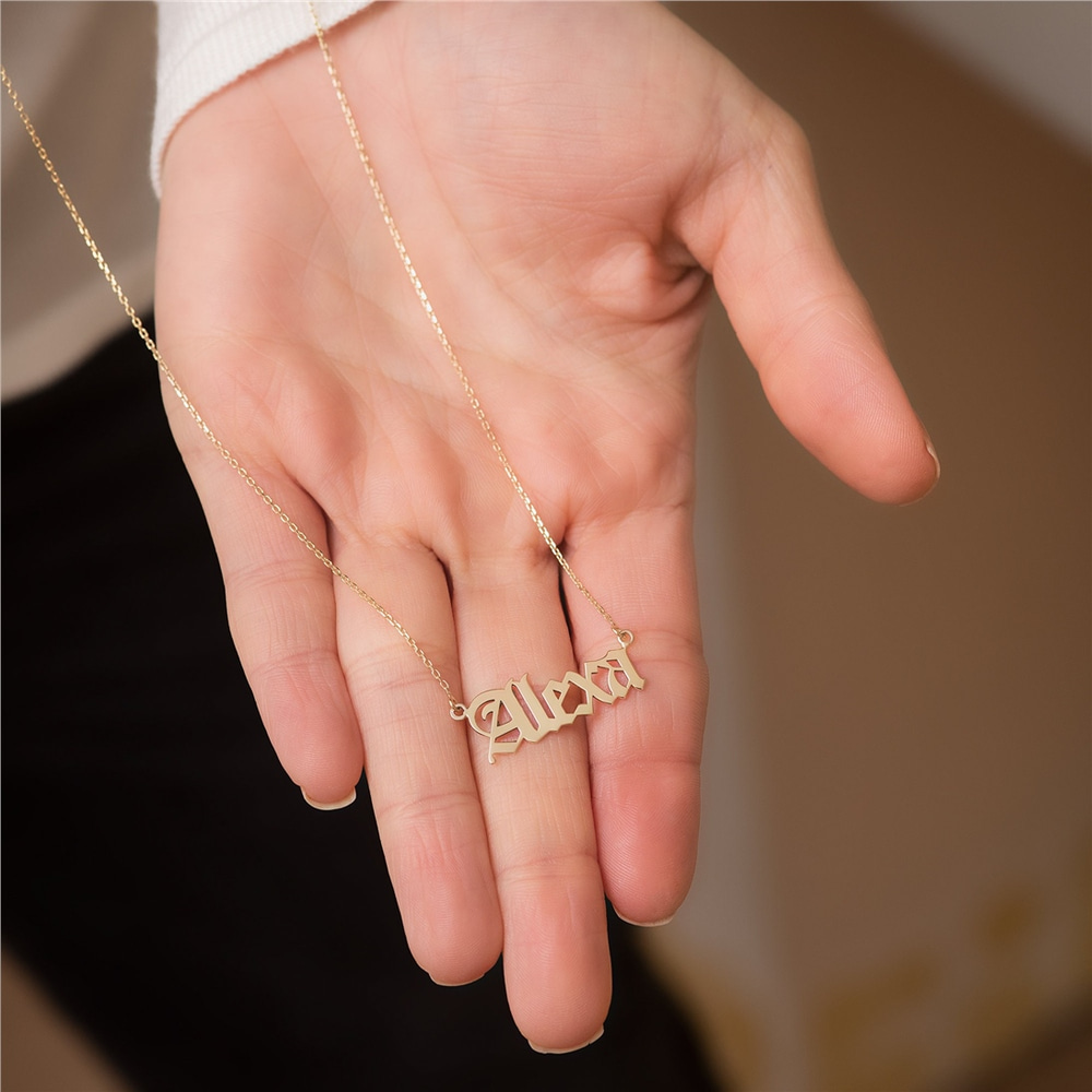 Goldstore-14K Solid Old English Custom Name Necklace, Personalized Solid Gold Gothic Name Necklace, 14k Real Gold Old English Font Name Necklace