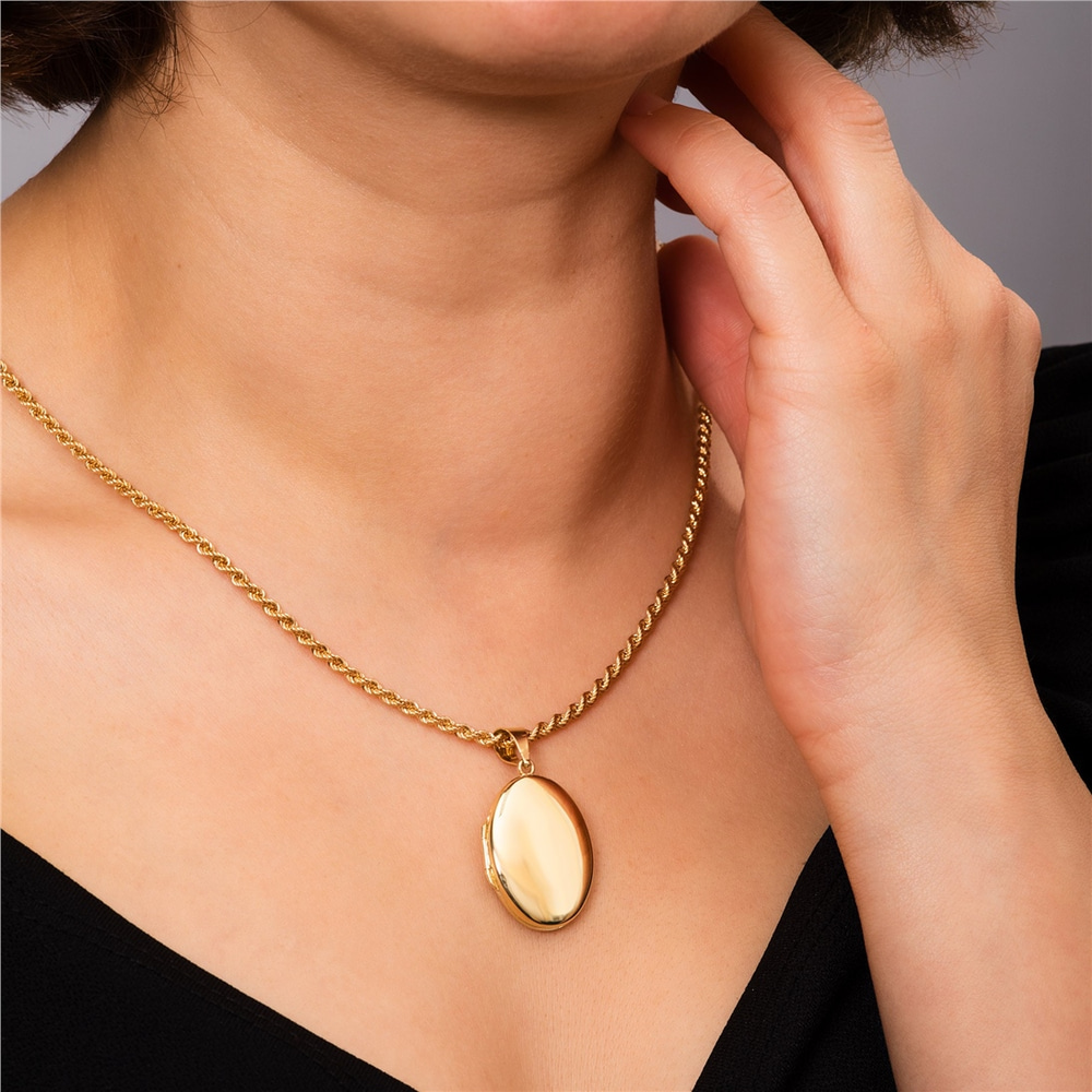 Goldstore-14K Solid Yellow Gold Oval Locket Pendant, 2 Photo Oval Locket Pendant Necklace, Custom Name Engrave Personalized Memorial Locket Pendant