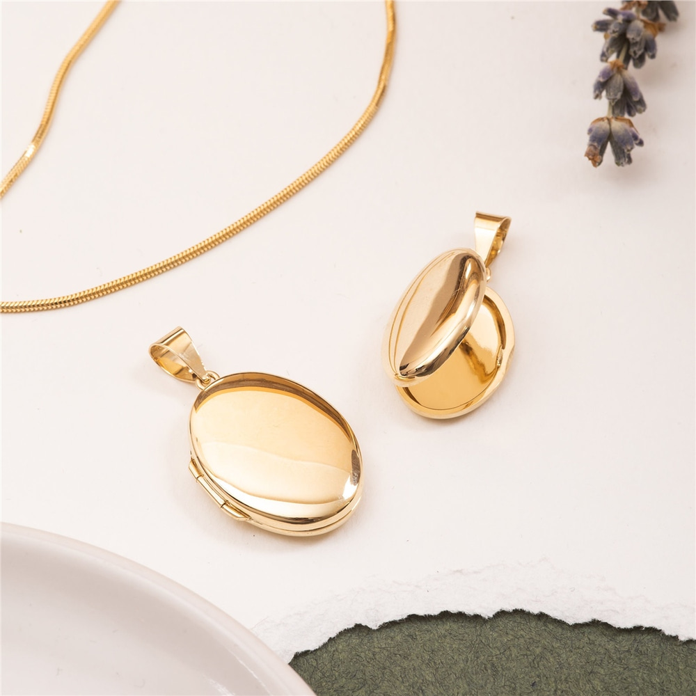 Goldstore-14K Solid Yellow Gold Oval Locket Pendant, 2 Photo Oval Locket Pendant Necklace, Custom Name Engrave Personalized Memorial Locket Pendant
