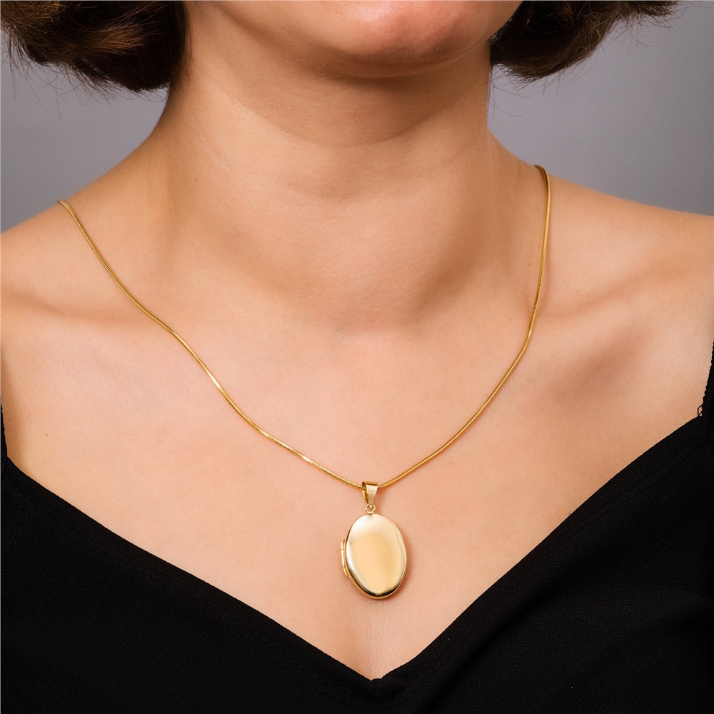 Goldstore-14K Solid Yellow Gold Oval Locket Pendant, 2 Photo Oval Locket Pendant Necklace, Custom Name Engrave Personalized Memorial Locket Pendant