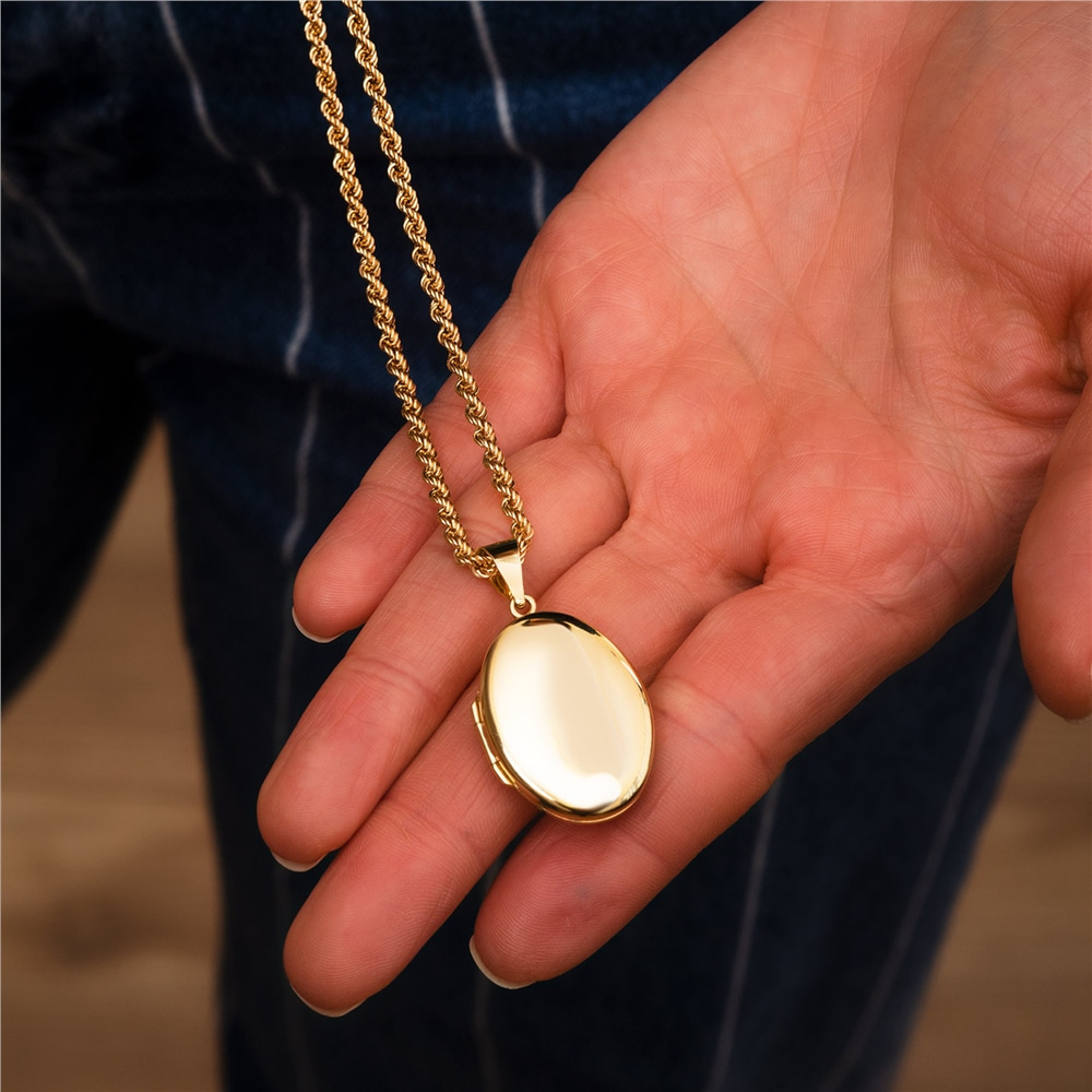 Goldstore-14K Solid Yellow Gold Oval Locket Pendant, 2 Photo Oval Locket Pendant Necklace, Custom Name Engrave Personalized Memorial Locket Pendant