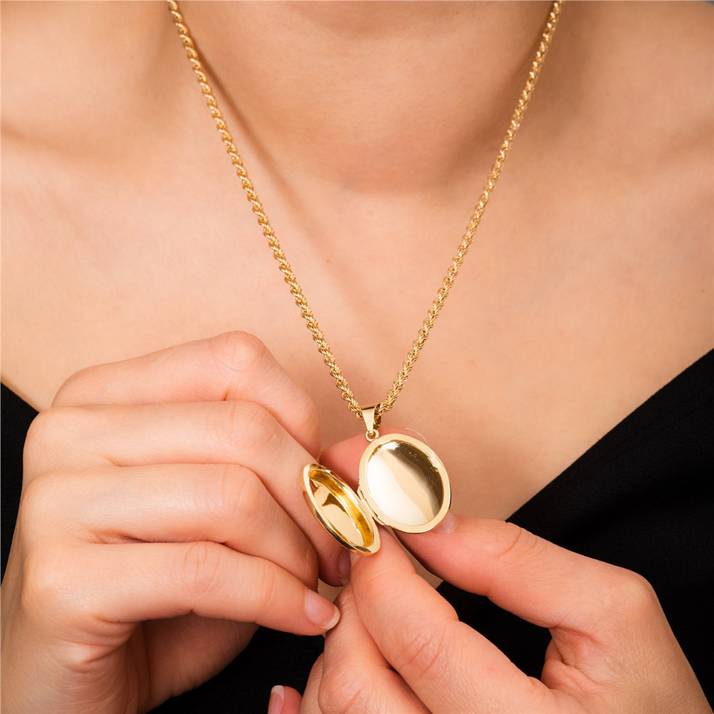 Goldstore-14K Solid Yellow Gold Oval Locket Pendant, 2 Photo Oval Locket Pendant Necklace, Custom Name Engrave Personalized Memorial Locket Pendant
