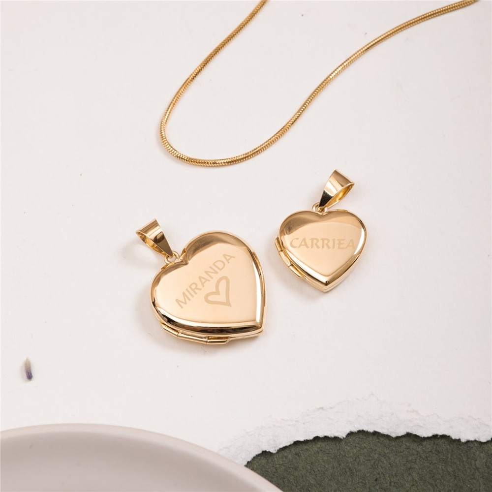 Goldstore-14K Solid Yellow Gold Round Locket Pendant, 2 Photo Circle Locket Pendant Necklace, Custom Name Engrave Personalized Memorial Locket Pendant