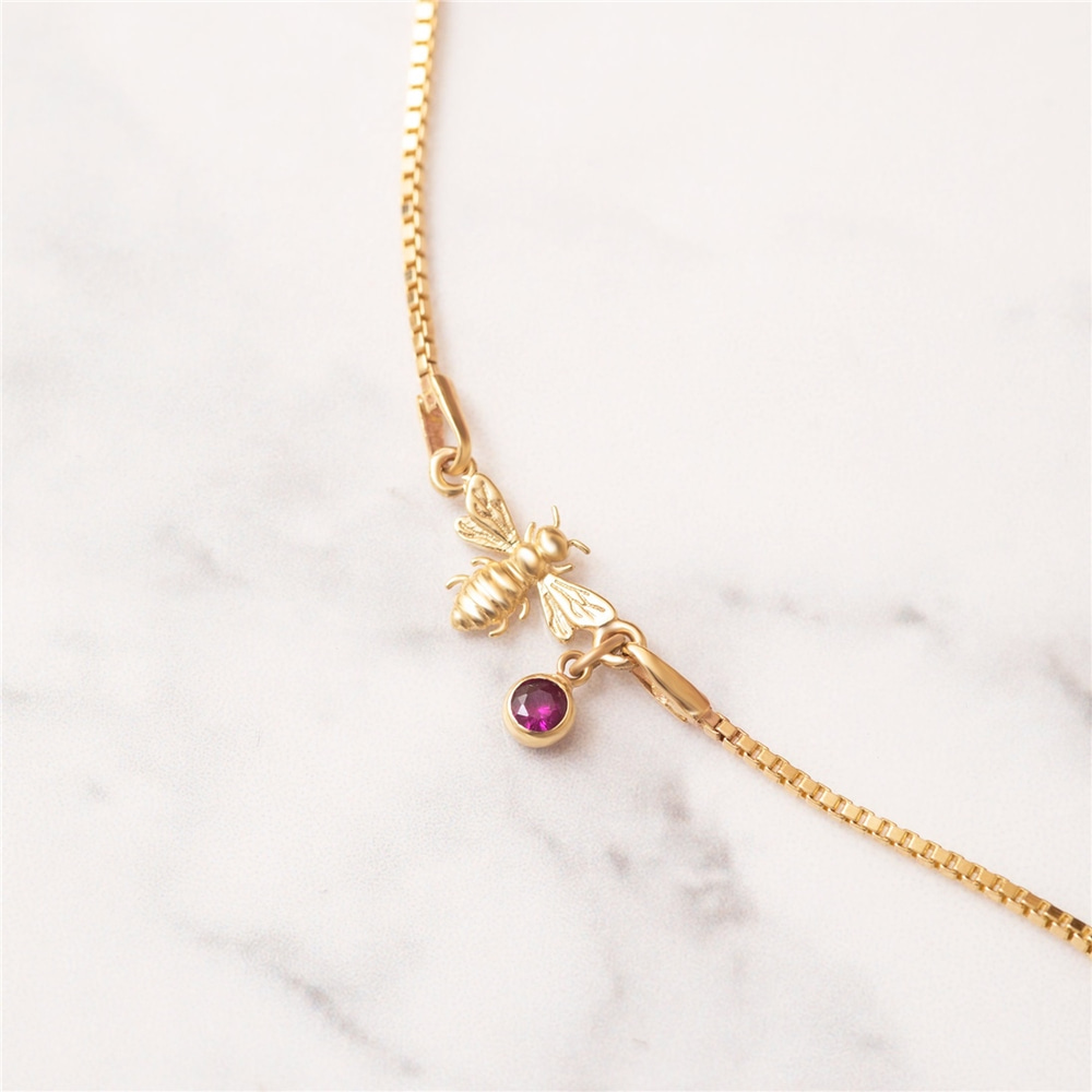 Goldstore-14k Yellow Gold Bee Bracelet With Birthstone Charm, Dainty Bumble Bee Bracelet with Box Chain, Honey Bee Bracelet Gift for Mom Gift for Her