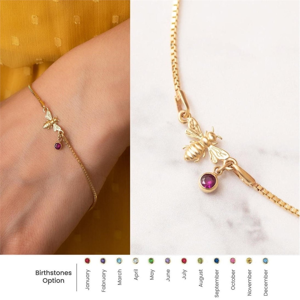 Goldstore-14k Yellow Gold Bee Bracelet With Birthstone Charm, Dainty Bumble Bee Bracelet with Box Chain, Honey Bee Bracelet Gift for Mom Gift for Her
