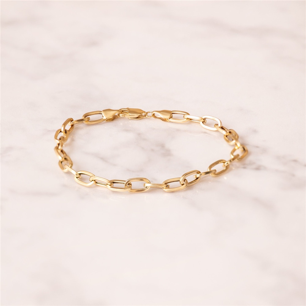 Goldstore-14K Yellow Gold Large Open Link Chain Bracelet, Rectangle Link Anchor Chain Gold Bracelet, Yellow Gold Paper Clip Chain Bracelet Gift Her